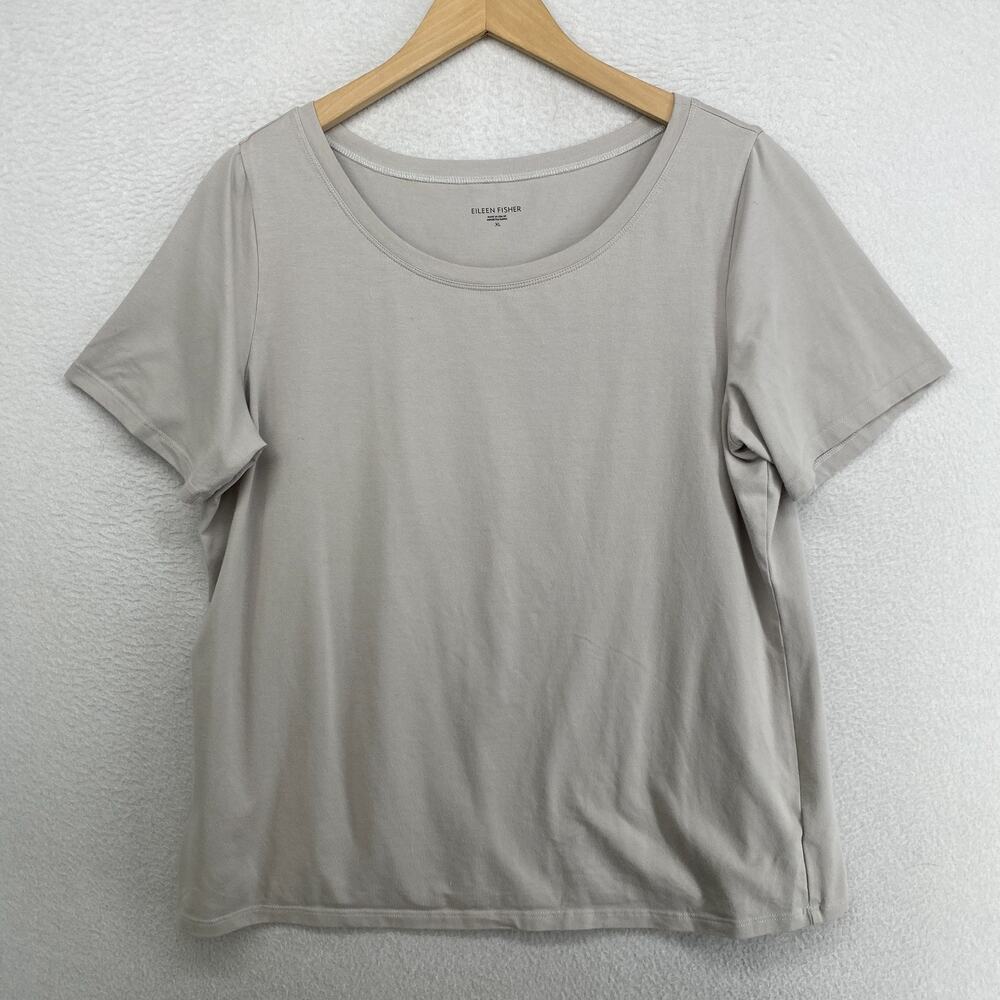 EILEEN FISHER Top XL Stretch Organic Cotton Jersey Scoop Neck Short Sleeve Gray